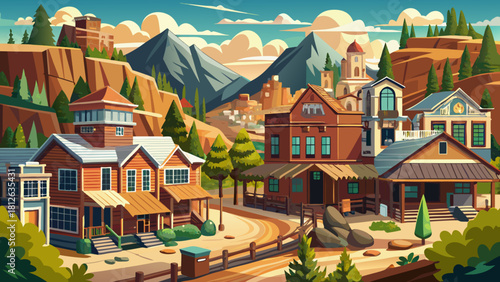 Very beautiful historic Deadwood landscape showcasing classic Old West architecture nestled within a scenic South Dakota mountain setting, featuring rustic wooden buildings, winding streets, and fores