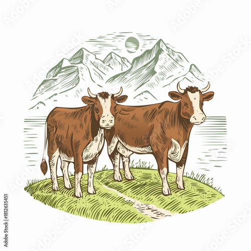 Detailed black-and-white ink illustration of two Holstein-Friesian calves in a close-up portrait, featuring bold markings, fine hatching, and strong contrast on a white background.