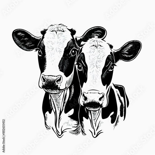 Detailed black-and-white ink illustration of two Holstein-Friesian calves in a close-up portrait, featuring bold markings, fine hatching, and strong contrast on a white background.