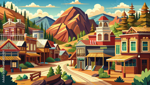 Very beautiful historic Deadwood landscape showcasing classic Old West architecture nestled within a scenic South Dakota mountain setting, featuring rustic wooden buildings, winding streets, and fores