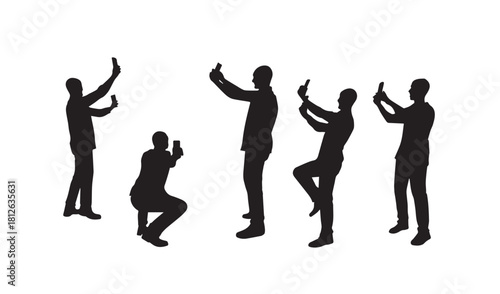 “Silhouette Poses of People Taking Photos with Smartphones – Creative Photography Actions, Modern Mobile Camera Usage Illustration”