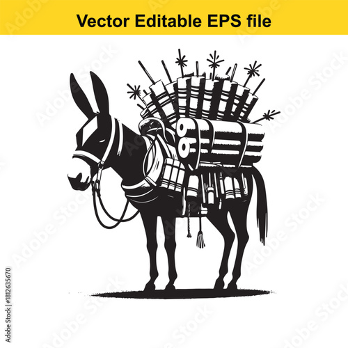 Black and white vector illustration of a heavily burdened donkey