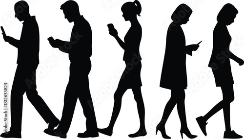 “Silhouettes of People Walking While Using Smartphones – Modern Digital Addiction, Mobile Lifestyle, Technology Dependence Illustration”