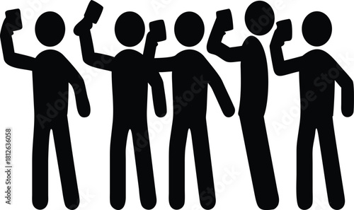 Stick Figure Silhouette of Five People Taking Selfies – Cartoon Group Smartphone Photo Pose Icon for Social Media, Marketing, Vector Design