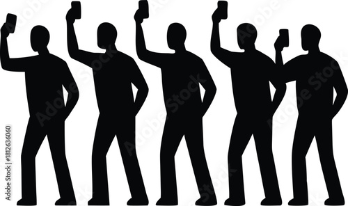 Silhouette of Five Men Taking Selfies – Group Smartphone Photo Pose Icon for Social Media, Digital Marketing, Vector Art and Creative Design
