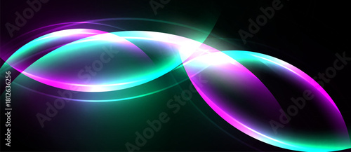 Bright flowing lines create abstract infinity symbol. Vivid colors blend, forming dynamic visual experience. Dark background enhances luminosity.