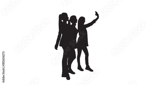 Three Women Taking a Selfie Silhouette – Friendship Group Photo Pose Icon for Social Media, Digital Art, Marketing and Graphic Design Use