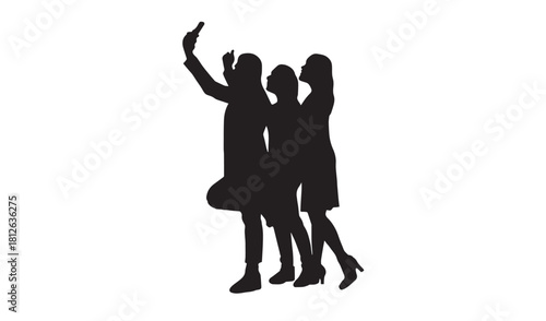Silhouette of Three Friends Taking a Selfie – Group Photo Pose Icon, Social Media Friendship Illustration for Creative Design and Marketing Use