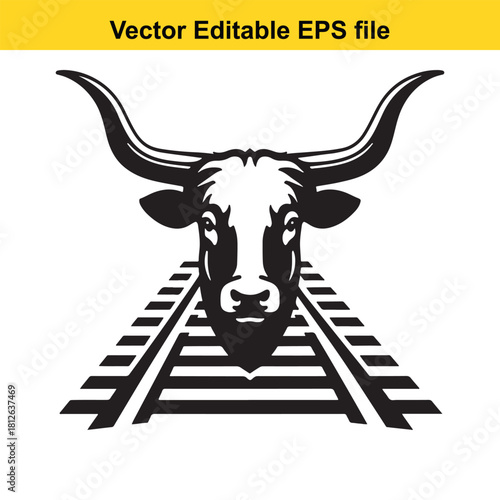 Black and white vector illustration of a bull head over railroad track