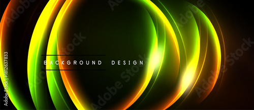 Abstract neon layers create dynamic glowing effect. Dark background emphasizes vibrant color transitions, modern design element.