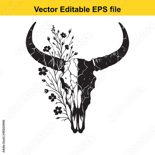 Boho bull skull with blooming flower branch vector graphic