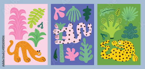 Wild jungle party cards, poster set. Jungle party posters collection. Jungle animal party banners with leopards. Bright summer safari graphic design. Summer background wild free. Vector illustration.