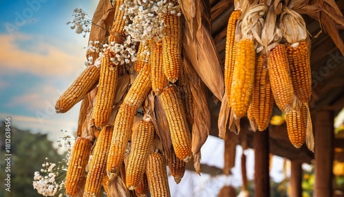 Dried Corn Husks And Seeds Cascading With Small White Flowers Outdoors
