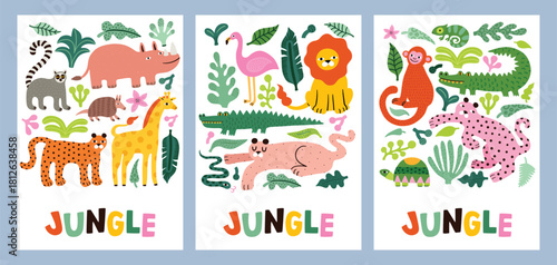 Childish jungle poster with cute lion, crocodile, giraffe, leopard, lemur, rhino, chameleon, turtle, monkey. Perfect for fabric, textile, nursery posters, greeting cards.