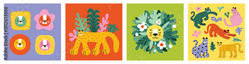 Collection of jungle safari background cards set with lion, leopard, lion heads or faces. Editable vector illustration for birthday invitation,postcard and website banner. Funny simple style.