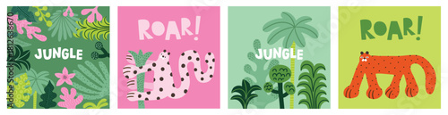 Design print of a cute funny leopard. Nursery print with wild cat, tropical plants and lettering quote roar, jungle. For birthday invitation, baby shower, card, poster, clothing.