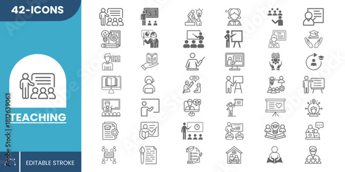 42 Teaching Icons Set in Modern Vector Style for Education, Learning, Classroom, Online Courses, Training, School, Student Tools, and e-Learning – Fully Editable.