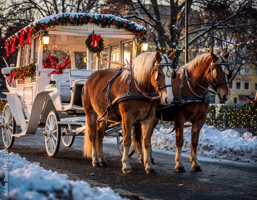 Festive European Winter Carriage with Horses and Holiday Decorations