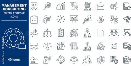 Management Consulting and Strategy Vector Icons. Set of 40 editable stroke symbols for organizational development, process optimization, and business analysis. Includes gears and growth charts