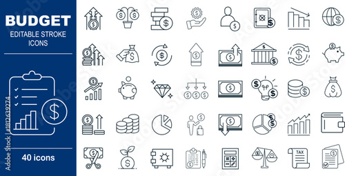 Budget and Finance Planning Vector Icons. Set of 40 editable stroke symbols for accounting, savings, and investment tracking. Includes charts, calculator, and financial growth