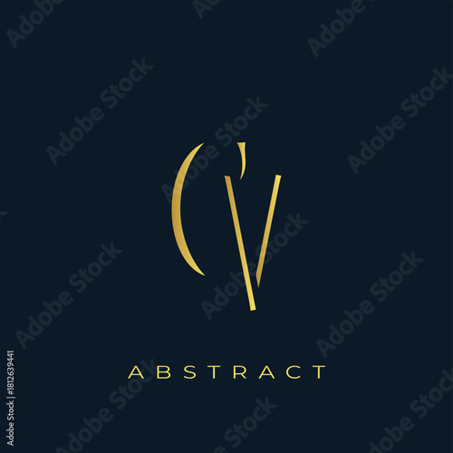 CV Abstract Golden Logo Design. Abstract Golden Symbol Composition on a Dark Navy Blue Background