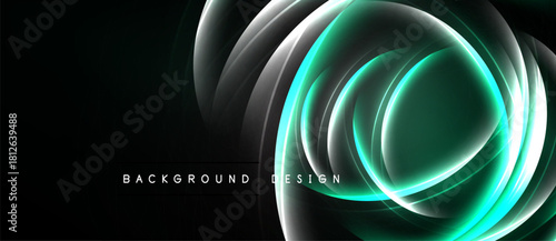 Abstract design features swirling layers, luminous teal highlights, dark backdrop. Modern aesthetic, dynamic composition, elegant presentation.