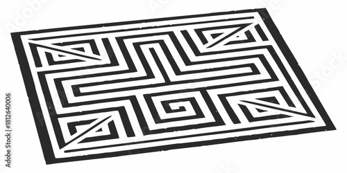 three dimensional rectangular maze labyrinth with raised walls in black and white featuring geometric pathways and isometric perspective puzzle design illustration