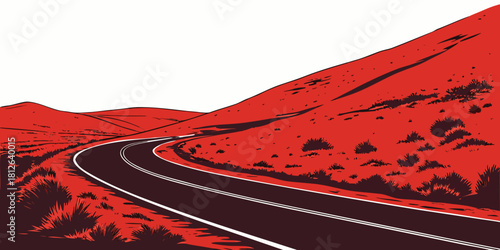 winding black highway with yellow lines cutting through dramatic red desert landscape featuring rolling hills and mountains in bold graphic illustration style
