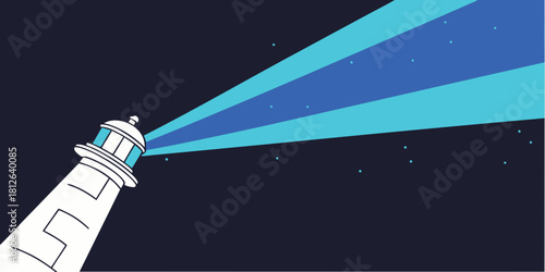 white lighthouse emitting turquoise blue light beams across dark starry night sky symbolizing guidance navigation and hope in minimalist illustration design