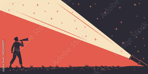 businessman pointing forward with light beam illuminating path through darkness representing leadership vision and direction in minimalist retro illustration style