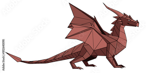 red geometric low poly dragon with spread wings horns and long tail fantasy creature three dimensional polygonal art illustration design
