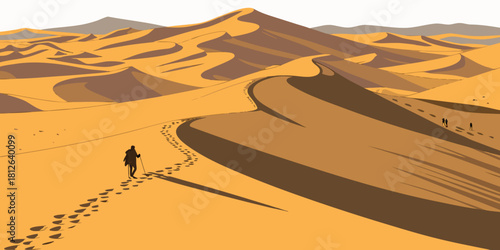solitary person hiking across golden sand dunes leaving footprints in vast desert landscape with dramatic shadows and warm sunlight