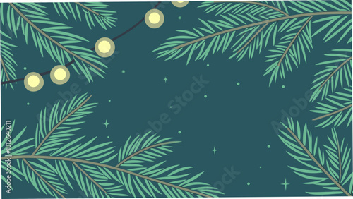 festive christmas holiday background with green pine tree branches golden ornament decorations and snowflakes on dark teal backdrop winter frame design