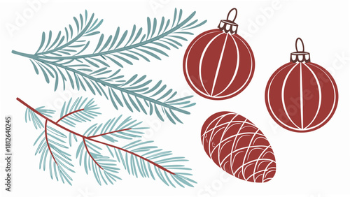 watercolor pine branches with red striped ornaments and pinecone christmas botanical illustration design