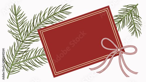 blank christmas gift tag with pine branches and ribbon holiday greeting card illustration
