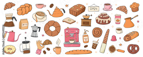Bakery and coffee doodles collection with baked bread, croissants, donuts and coffee cups, beans, coffee makers and machines. EPS 10