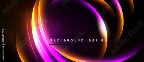 Abstract neon layers create dynamic composition. Vivid orange, purple hues blend, forming flowing shapes against black backdrop. Modern design element.
