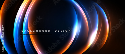 Abstract glowing lines create circular shapes. Vibrant orange, blue hues dominate dark background. Modern design element.