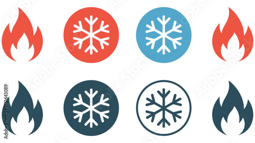 Cold in various styles, fire and snowflake symbols, vector design elements, weather and temperature concept, digital graphics for apps, websites, UI/UX, presentations, and creative projects.