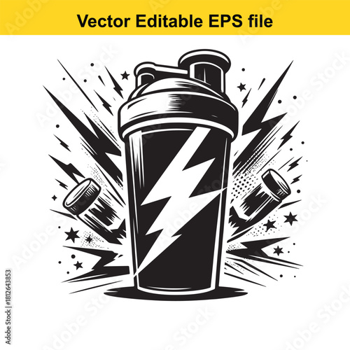 Black and white vector graphic of a protein shaker with lightning bolt