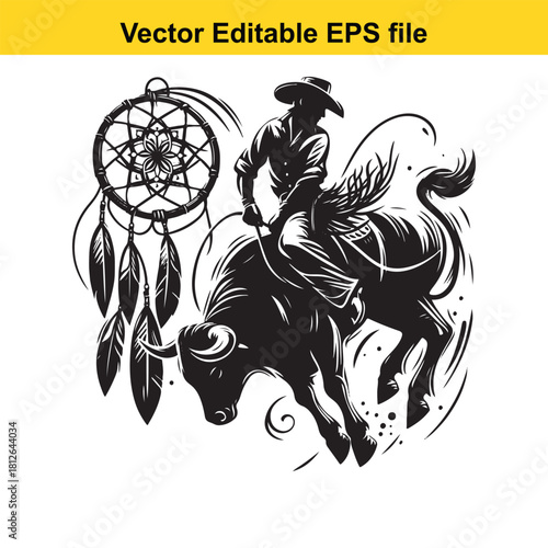 Black and white vector illustration of a cowboy riding a bull with a dreamcatcher