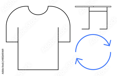 T-shirt outline, circular arrows for recycling, and fabric structure diagram. Ideal for sustainability, fashion, recycling, textile production, eco-consciousness, resource management simple flat