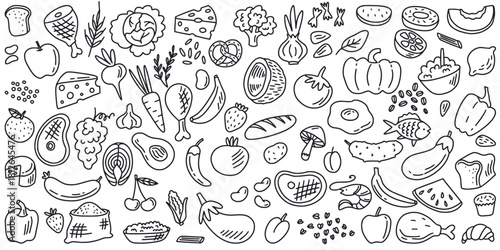 Vector collection of healthy food, hand drawn with line art in doodle style