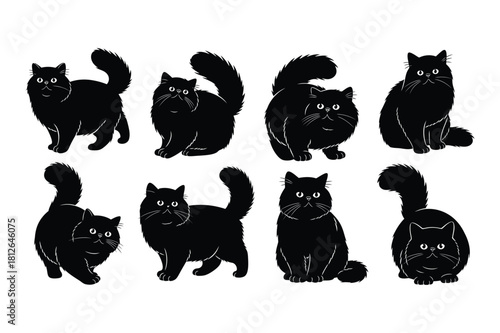 Set of 8 black cat silhouettes vector