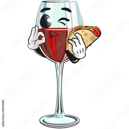 cute wine glass mascot character with red wine carrying a taco while giving an oke sign, fun cartoon drink vector illustration, work of hand drawn
