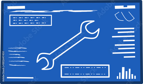 A modern blueprint style vector illustration featuring a wrench icon and technical interface elements in a clean industrial theme for engineering, repair, and mechanical design projects.