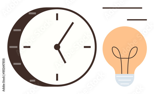 Analog clock paired with glowing light bulb symbolizing time management, innovation, and productivity. Ideal for brainstorming, efficiency, planning, strategy, work-life balance, time-energy