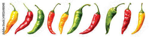 Red, green, and yellow hot spicy chili peppers watercolor set isolated on transparent background