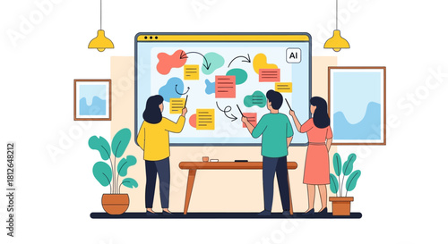 Illustration of three people collaborating on a colorful sticky note board in a modern office with a minimalist aesthetic and warm lighting.