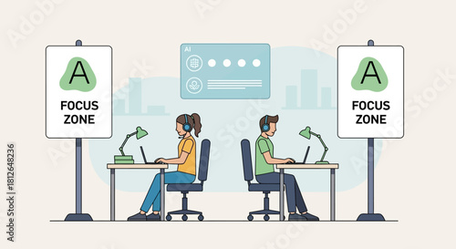Illustration of two office workers sitting at desks with focus zone signs and lamps in a modern workspace setting.